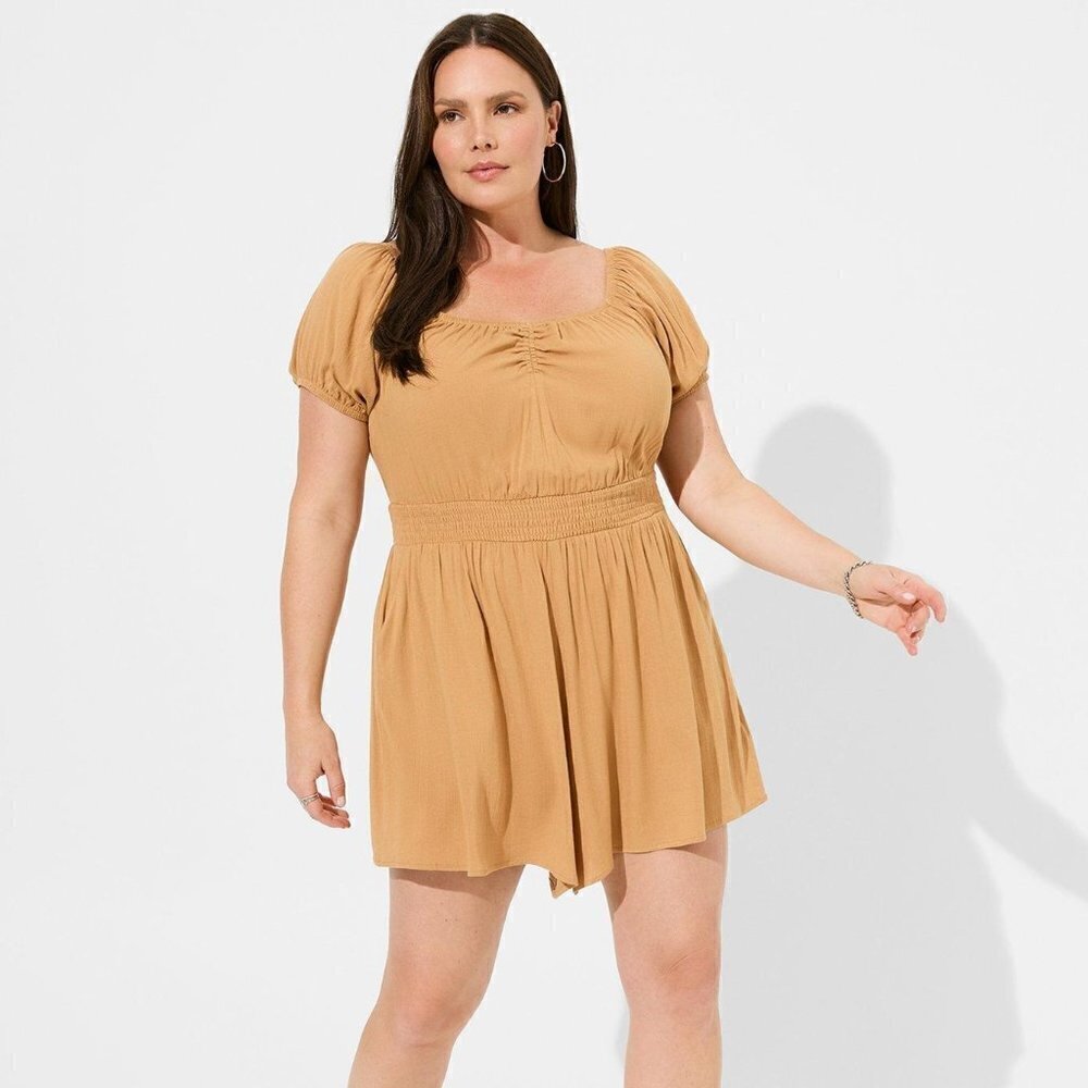 Torrid - Rayon Slub Smocked Waist Romper in Biscuit​​​​​​​​​​